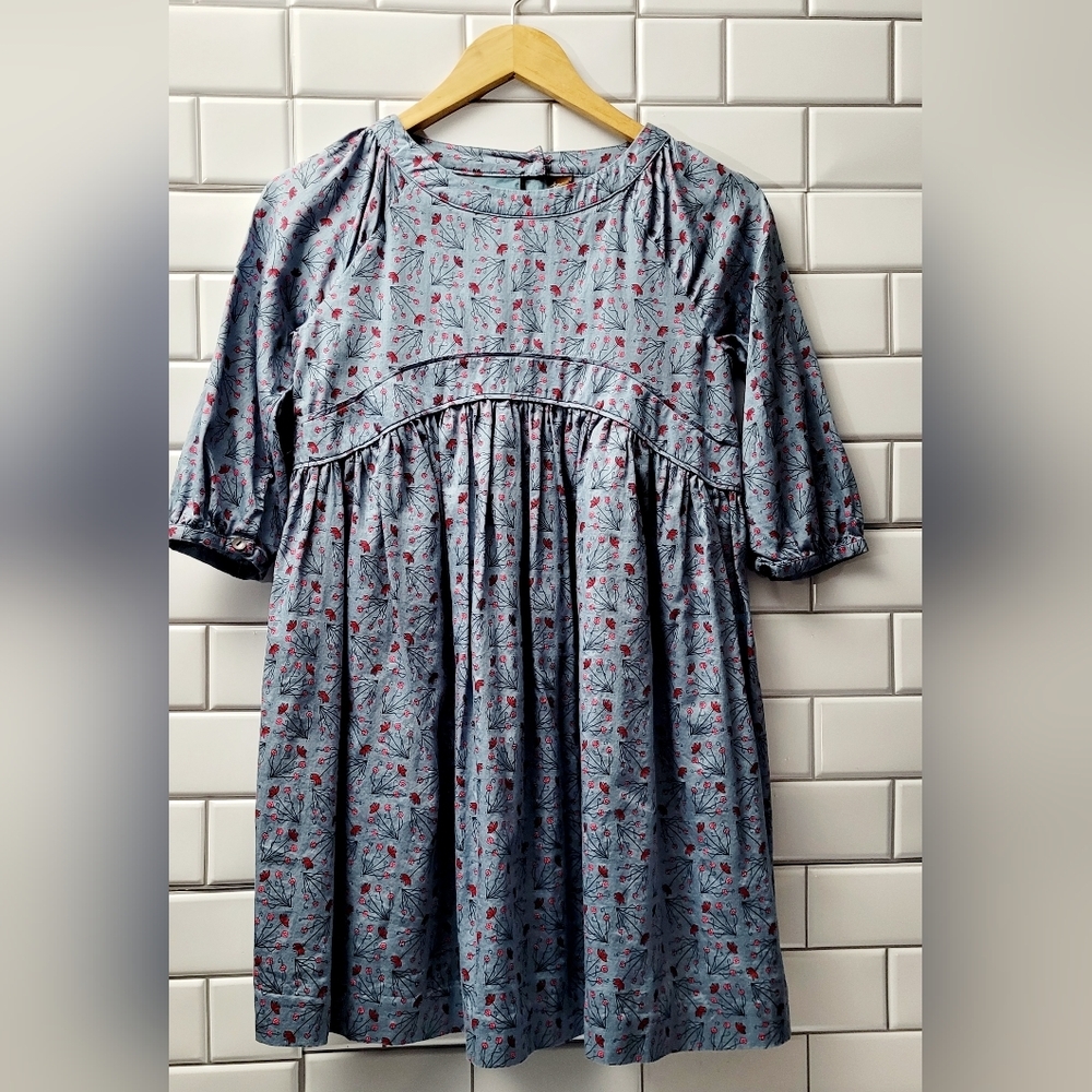 TEA Girls Long Sleeve 100% Cotton Lined Dress Blue Pink Floral Print High Waist